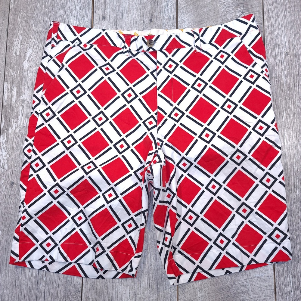 Loudmouth Golf Shorts Mens 40 Red Geometric Diamond Print Flat Front Danger